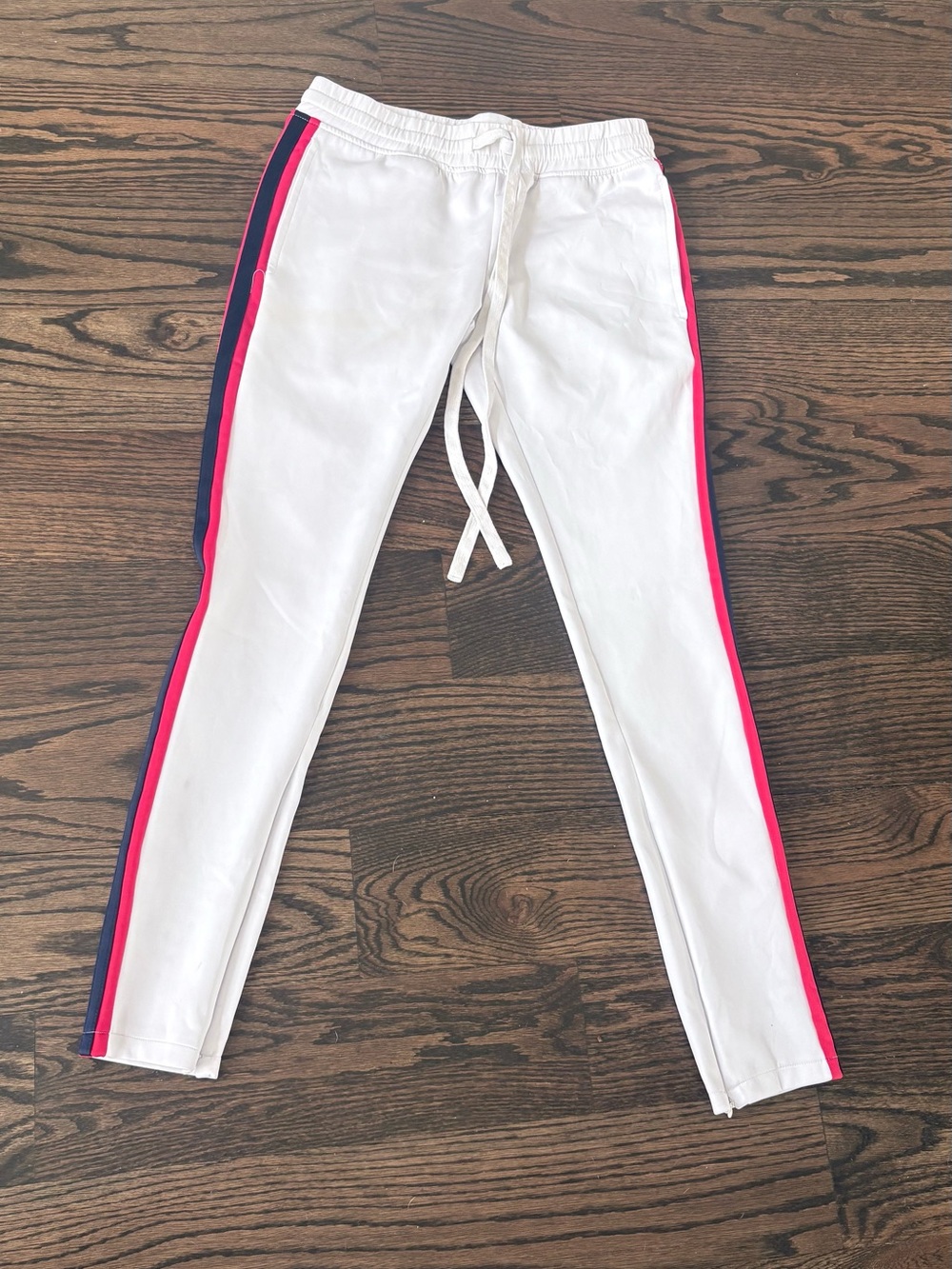 White Jogger Pants with red & Navy Side Stripes